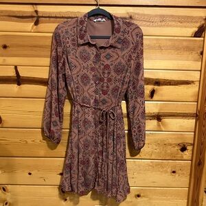 Lucky Brand Long Sleeve Paisley Dress - Brown, Pink and Blue